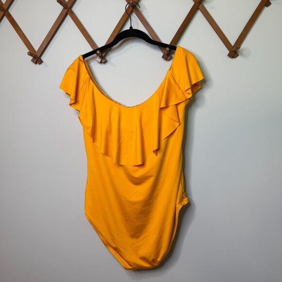 NWT‎ Trina Turk Monaco Ruffle Mellow Yellow Ruffle Top 1 Piece Swimsuit Size 14 - Picture 4 of 10